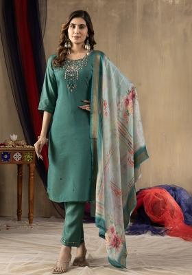 Rama Green Embroidered Silk Kurta Set