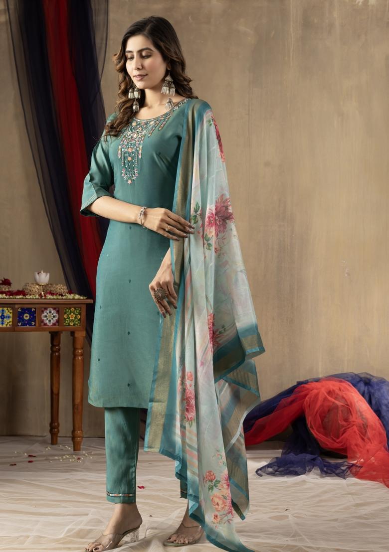 Rama Green Embroidered Silk Kurta Set - Indya
