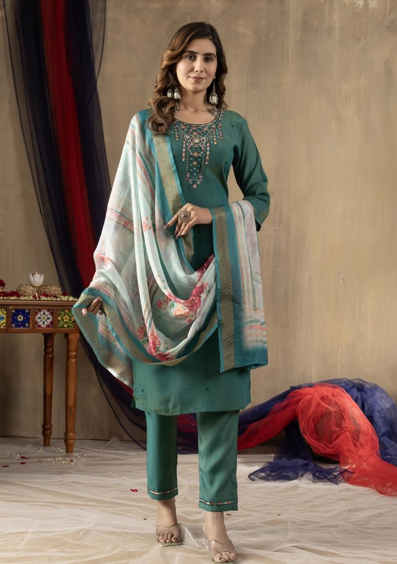 Rama Green Embroidered Silk Kurta Set - Indya