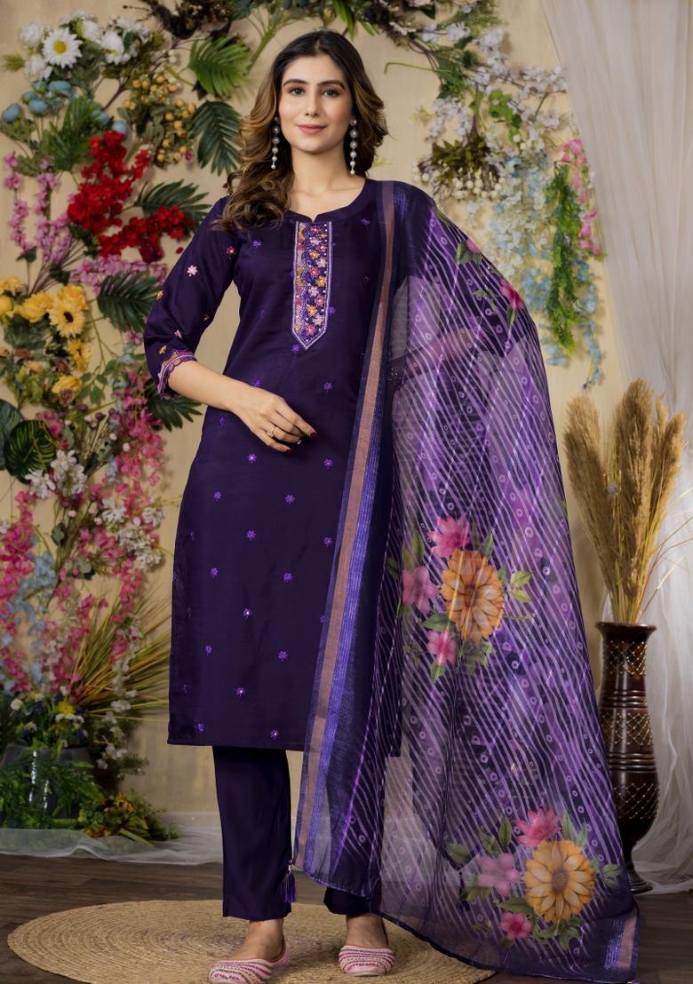 Purple Embroidered Silk Kurta Set - Indya