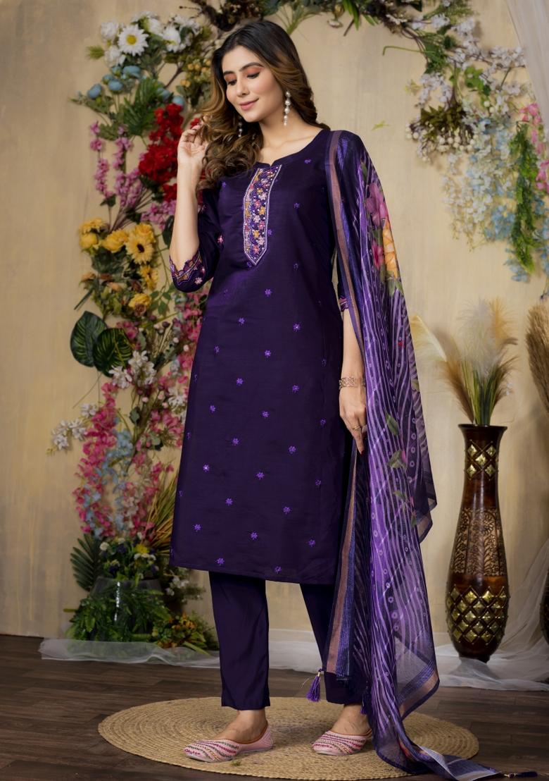 Purple Embroidered Silk Kurta Set - Indya