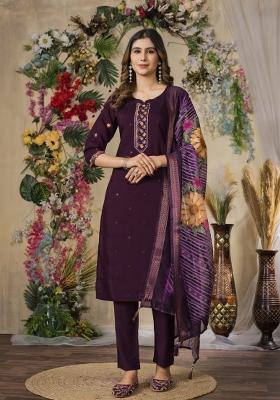 Wine Embroidered Silk Kurta Set