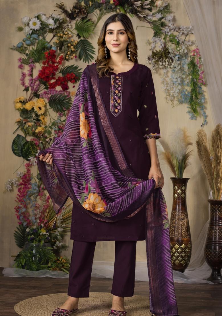 Wine Embroidered Silk Kurta Set - Indya