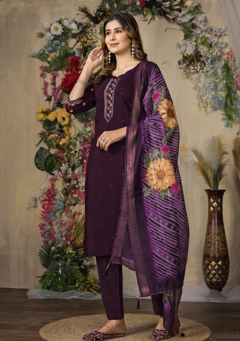 Wine Embroidered Silk Kurta Set - Indya