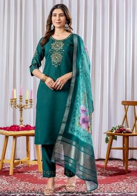Green Embroidered Silk Kurta Set