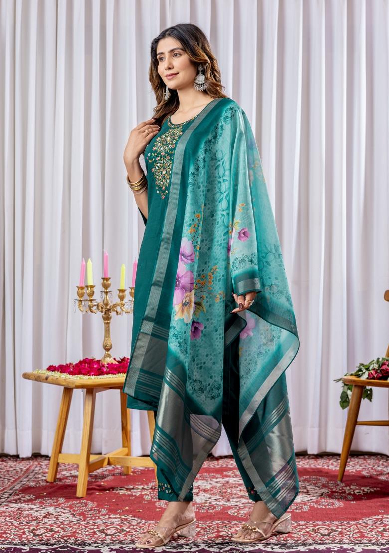 Green Embroidered Silk Kurta Set - Indya