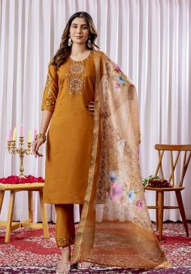 Mustard Embroidered Silk Kurta Set