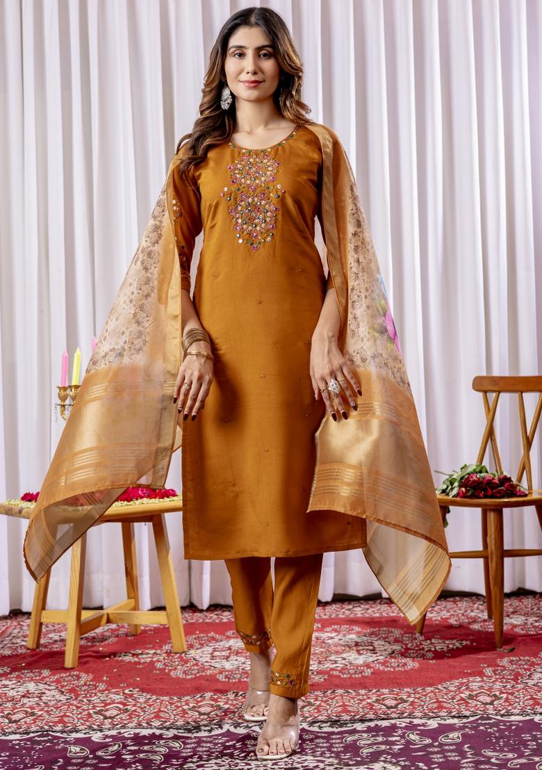 Mustard Embroidered Silk Kurta Set - Indya