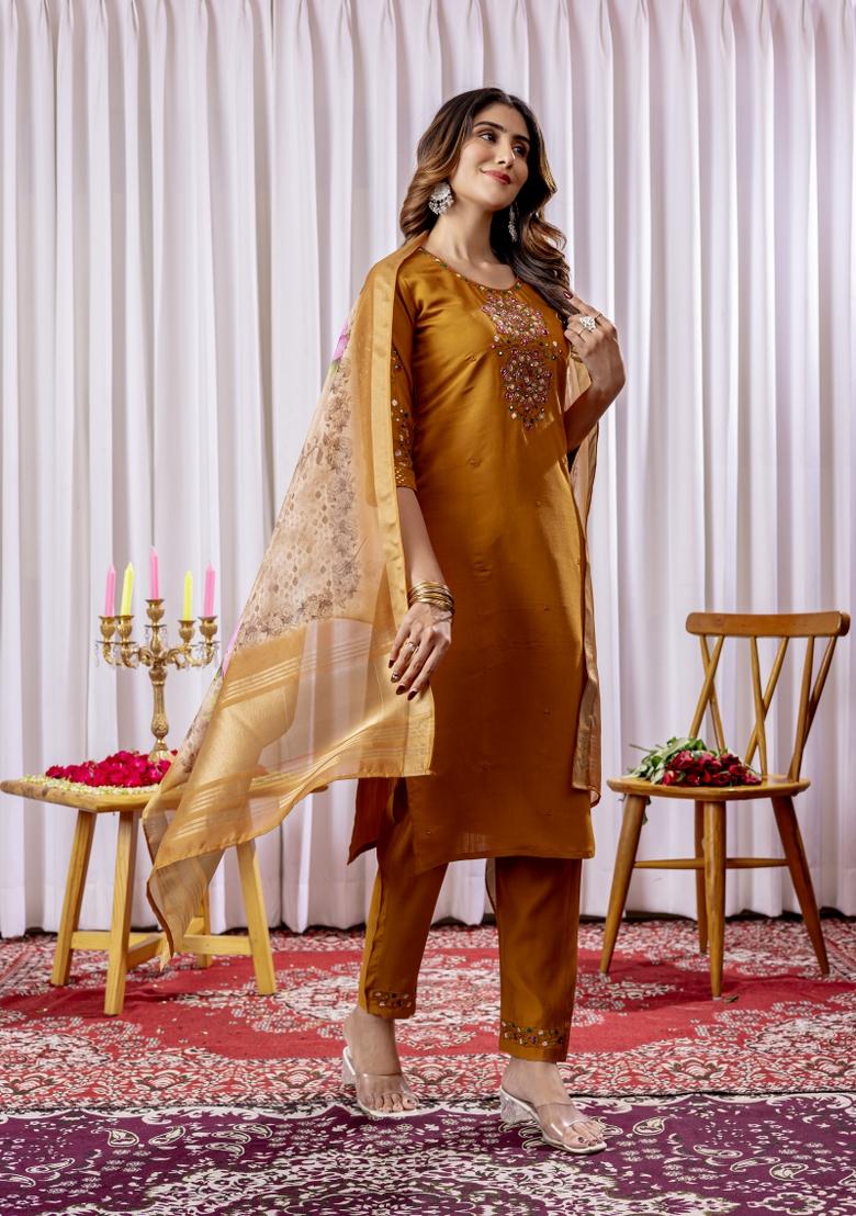 Mustard Embroidered Silk Kurta Set - Indya