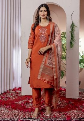 Orange Embroidered Silk Kurta Set