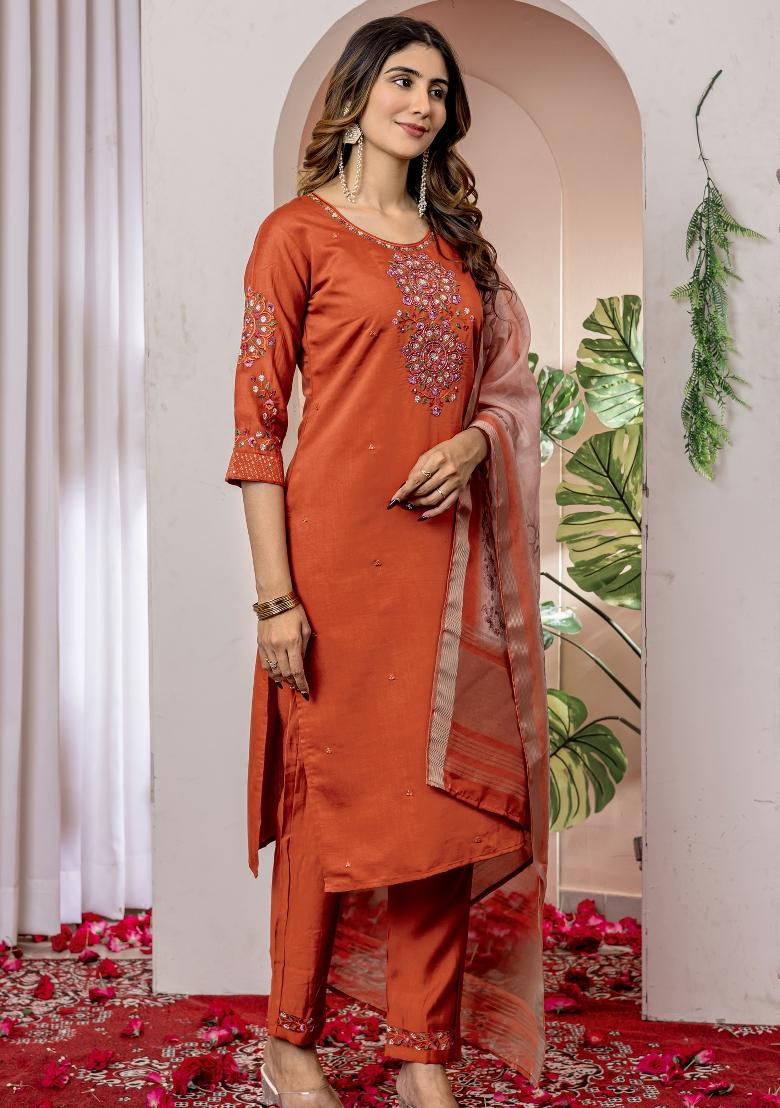 Orange Embroidered Silk Kurta Set - Indya