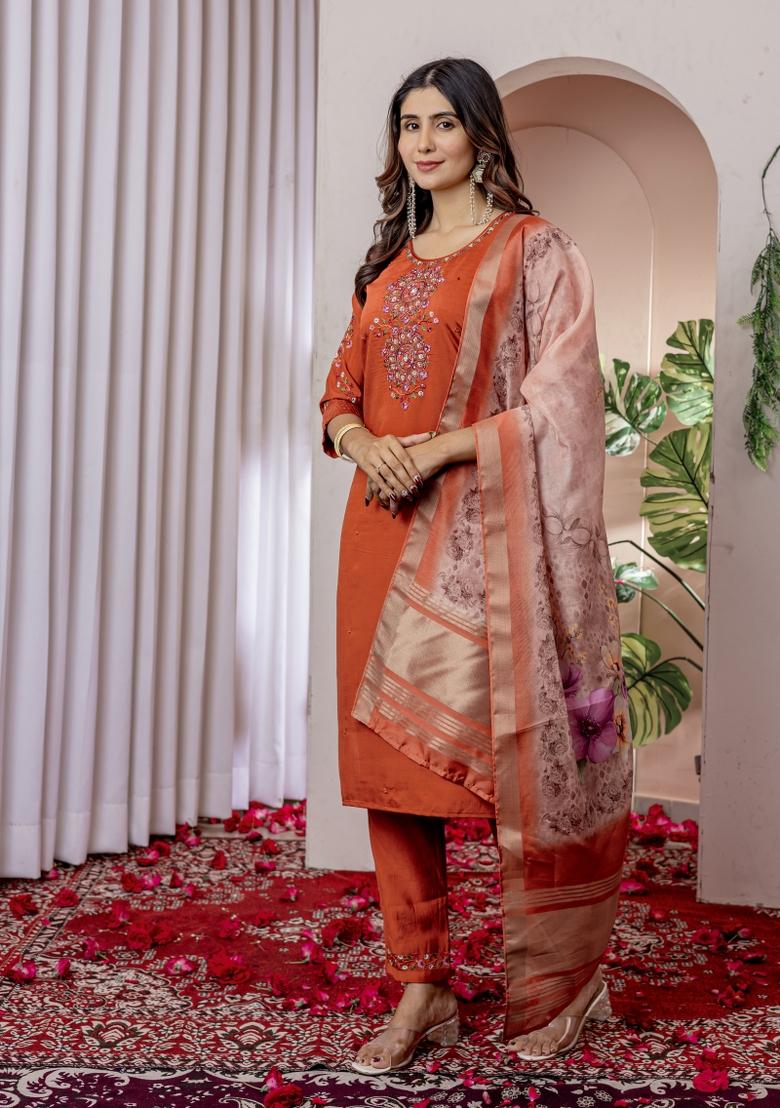 Orange Embroidered Silk Kurta Set - Indya