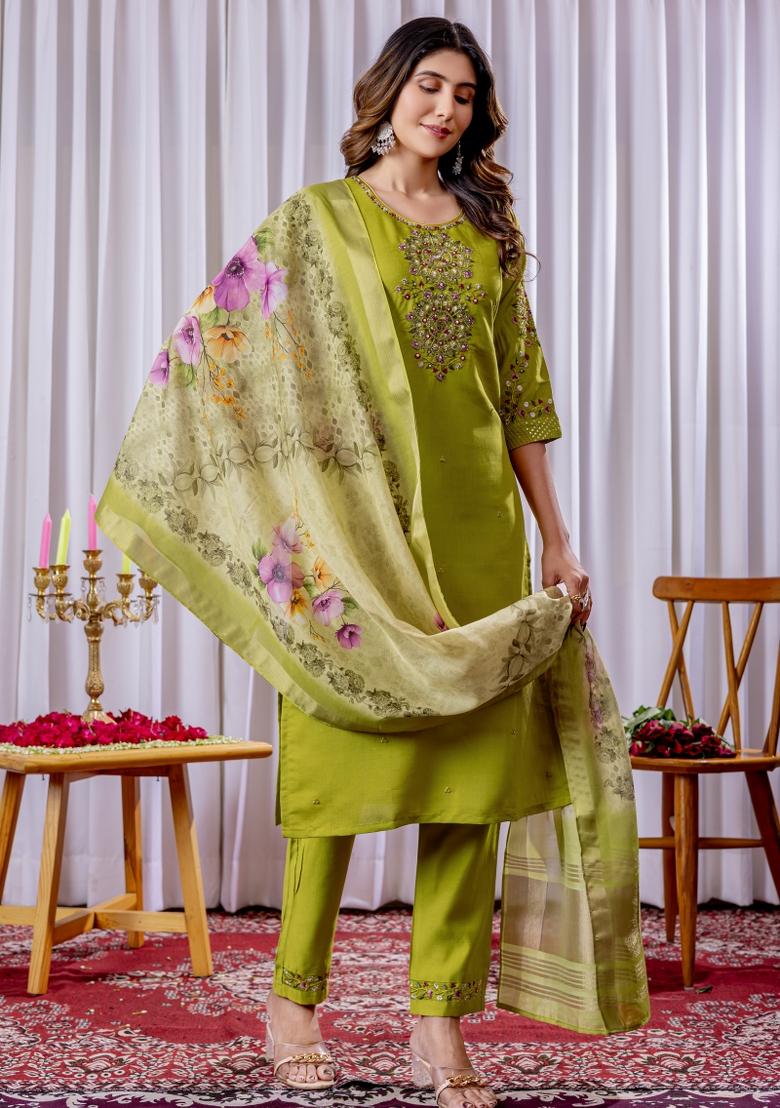 Parrot Green Embroidered Silk Kurta Set - Indya