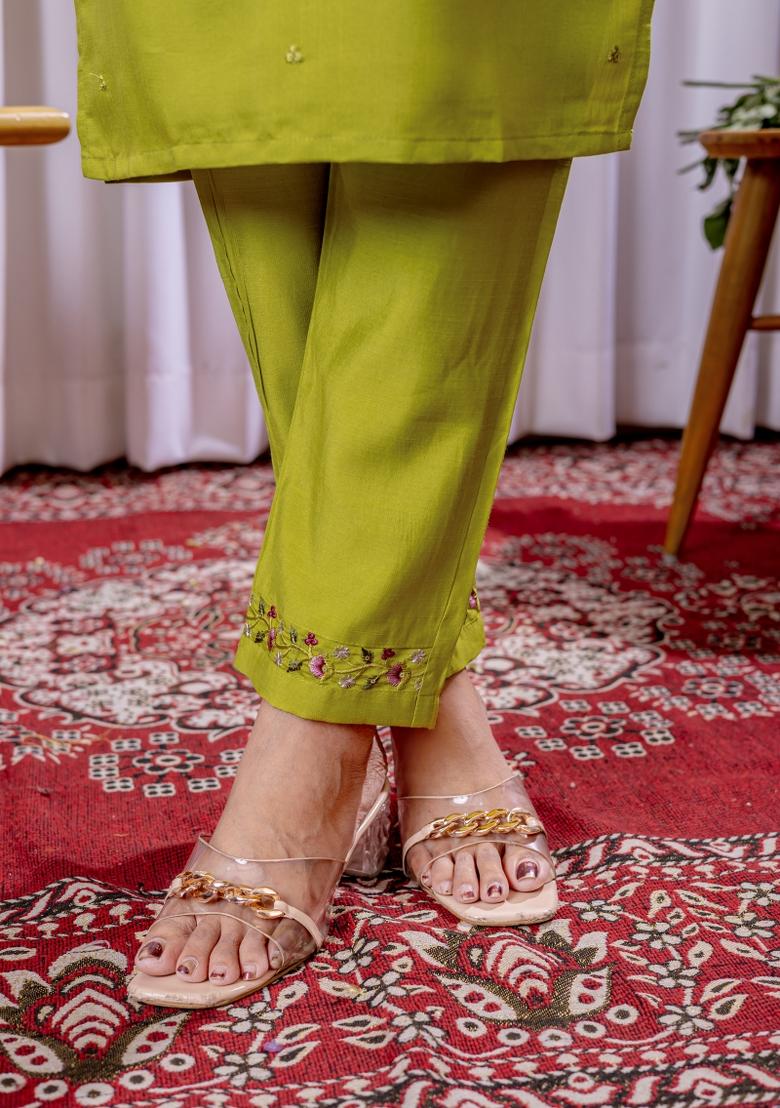 Parrot Green Embroidered Silk Kurta Set - Indya