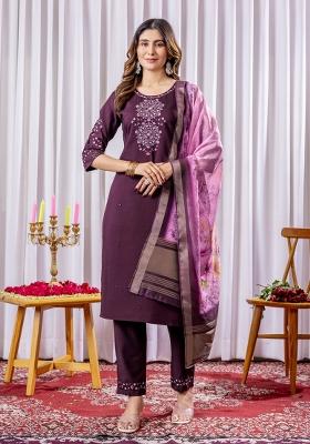 Wine Embroidered Silk Kurta Set