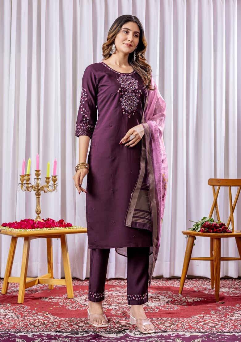 Wine Embroidered Silk Kurta Set - Indya