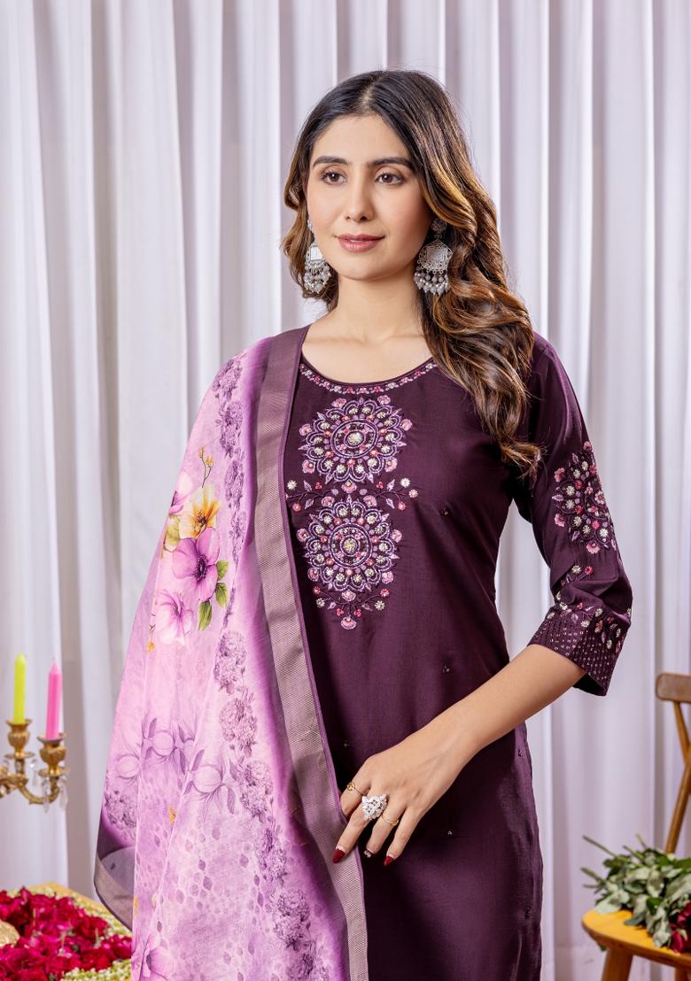 Wine Embroidered Silk Kurta Set - Indya