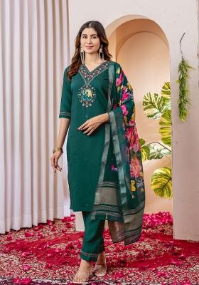 Green Embroidered Silk Kurta Set