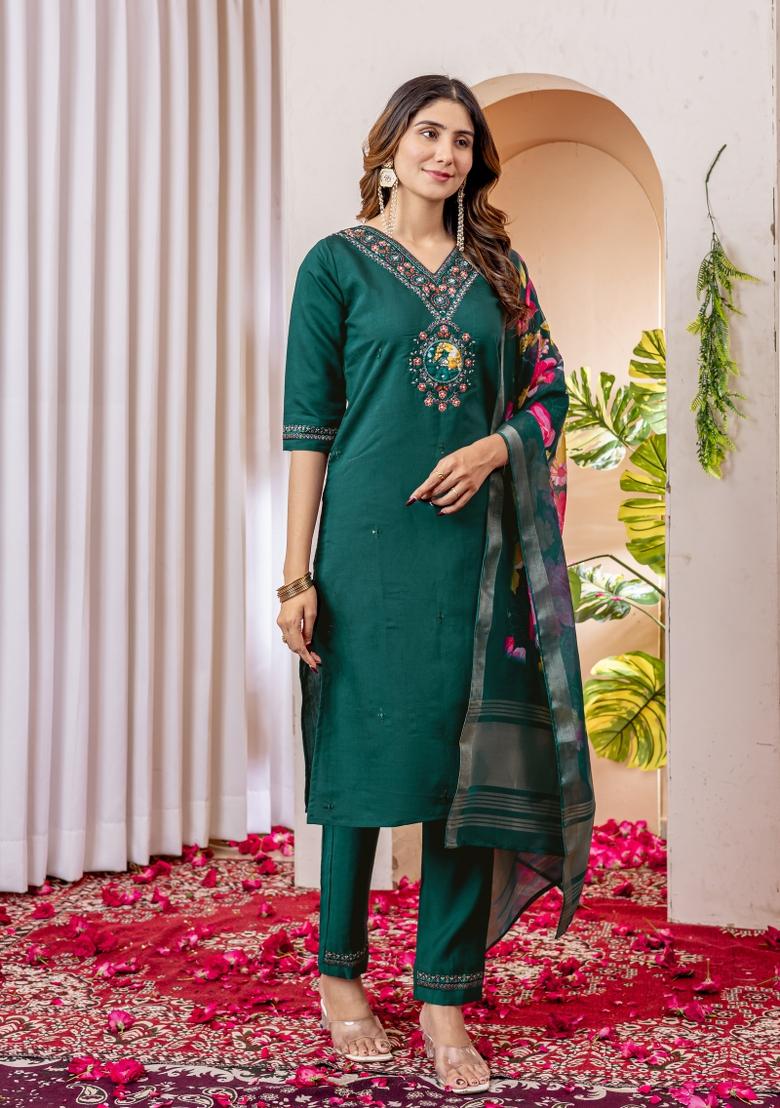 Green Embroidered Silk Kurta Set - Indya