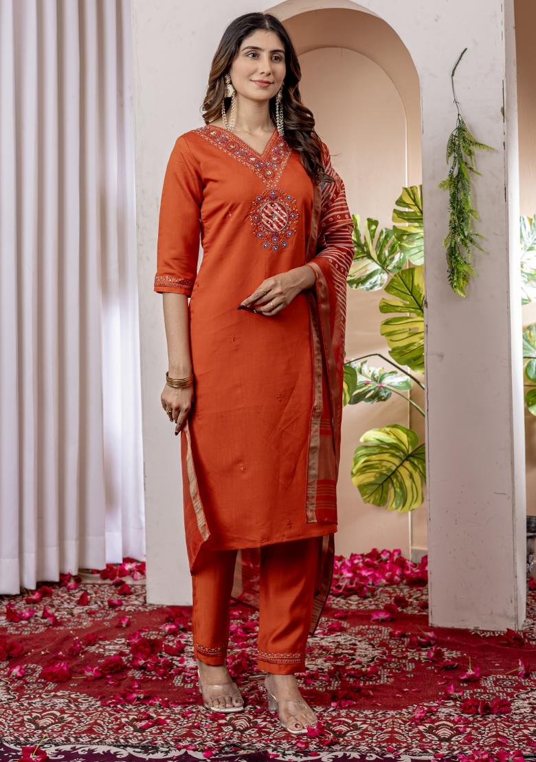 Orange Embroidered Silk Kurta Set - Indya