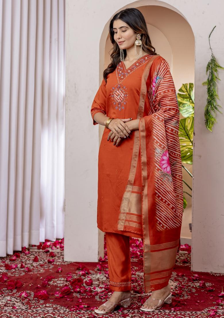 Orange Embroidered Silk Kurta Set - Indya