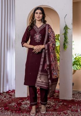 Wine Embroidered Silk Kurta Set