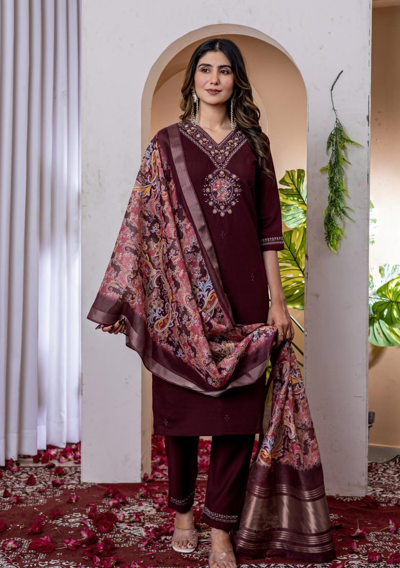 Wine Embroidered Silk Kurta Set - Indya