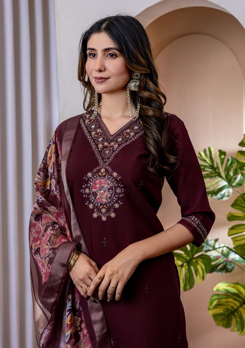 Wine Embroidered Silk Kurta Set - Indya