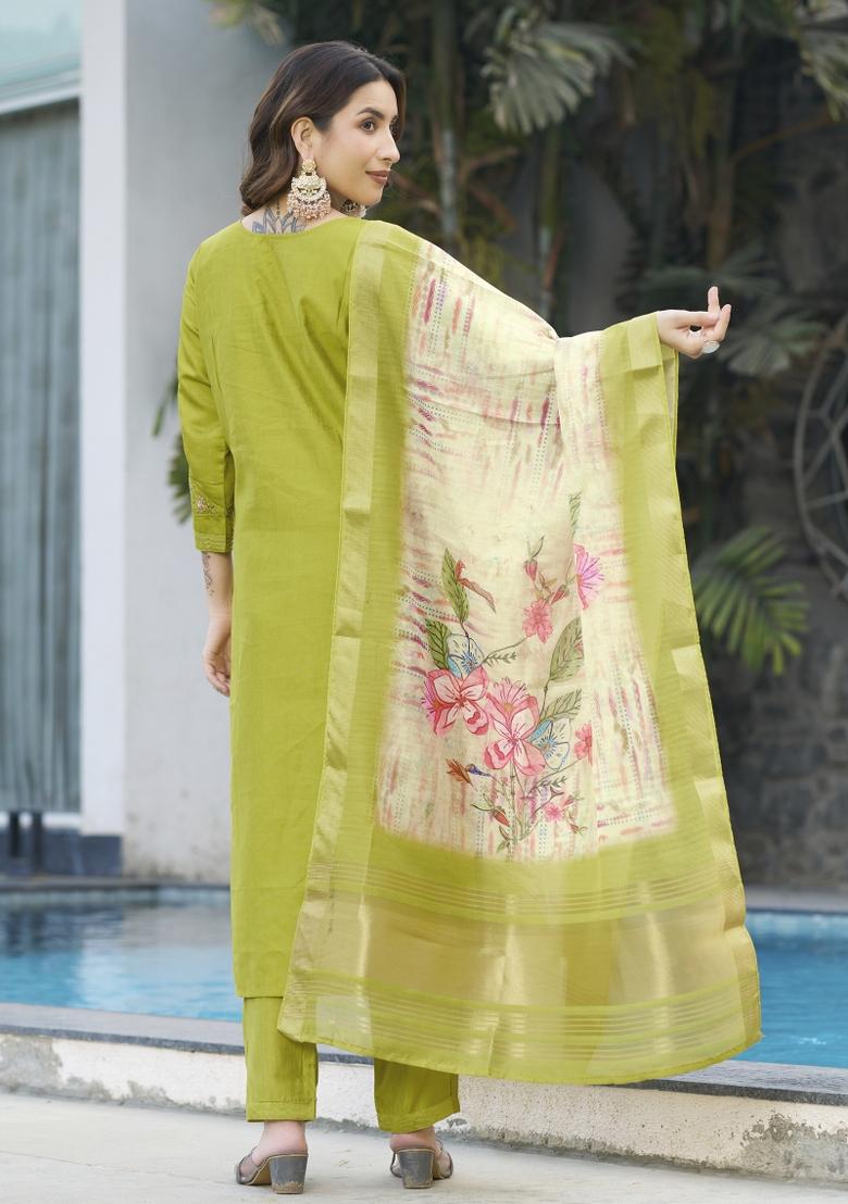 Parrot Green Embroidered Silk Kurta Set - Indya