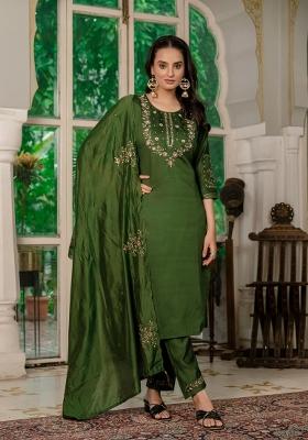 Mehendi Green Embroidered Silk Kurta Set