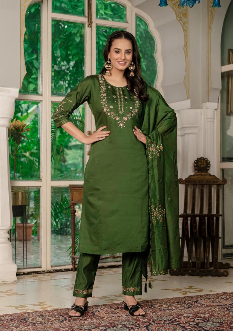 Mehendi Green Embroidered Silk Kurta Set - Indya