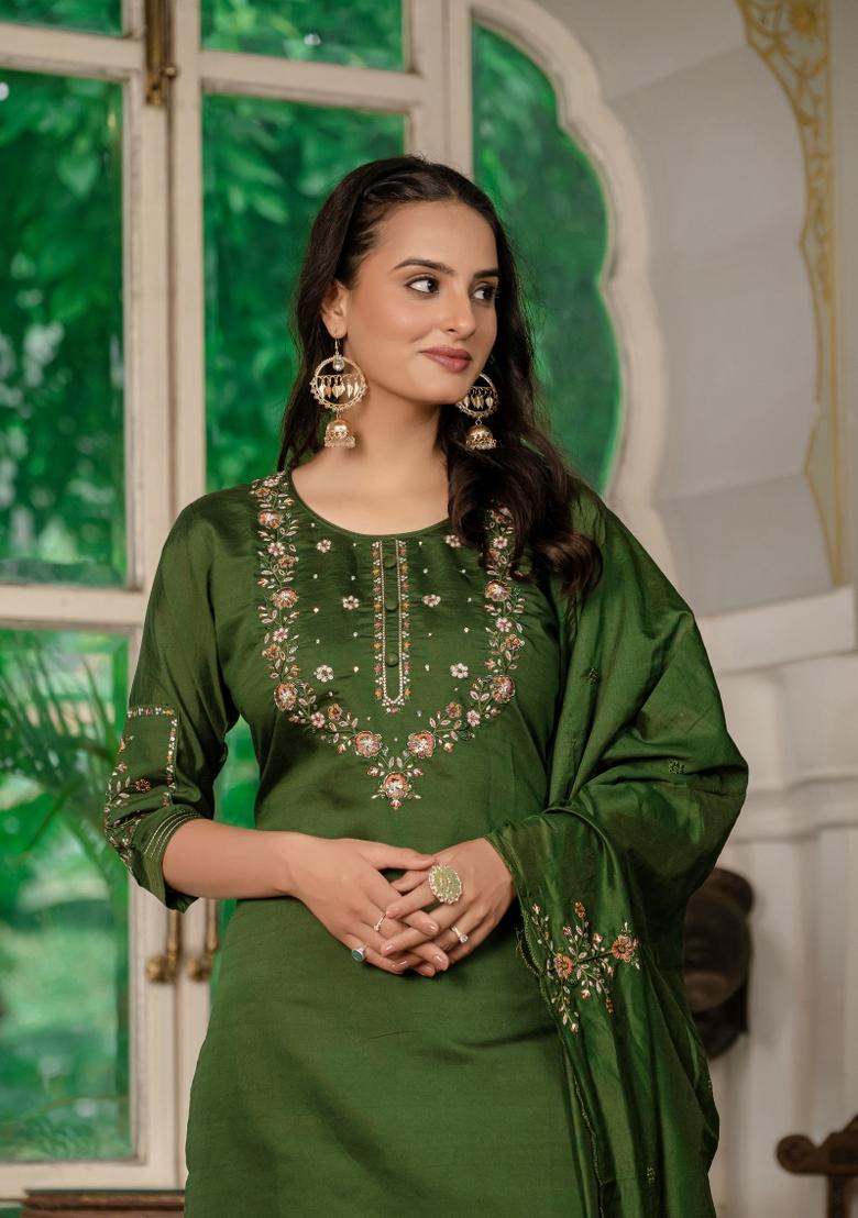Mehendi Green Embroidered Silk Kurta Set - Indya