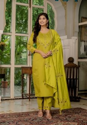 Mustard Yellow Embroidered Silk Kurta Set