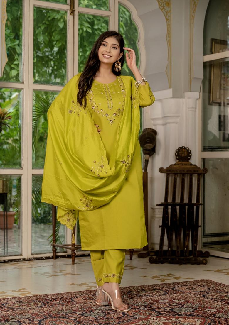 Mustard Yellow Embroidered Silk Kurta Set - Indya