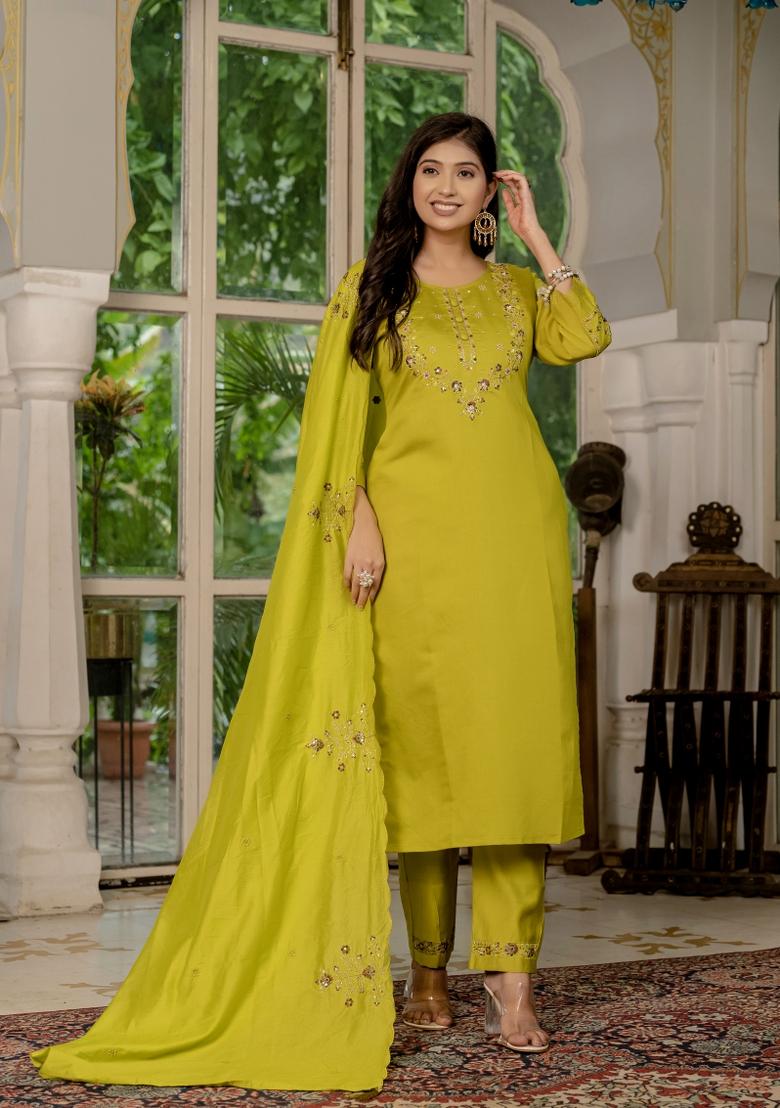 Mustard Yellow Embroidered Silk Kurta Set - Indya