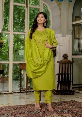 Parrot Green Embroidered Silk Kurta Set