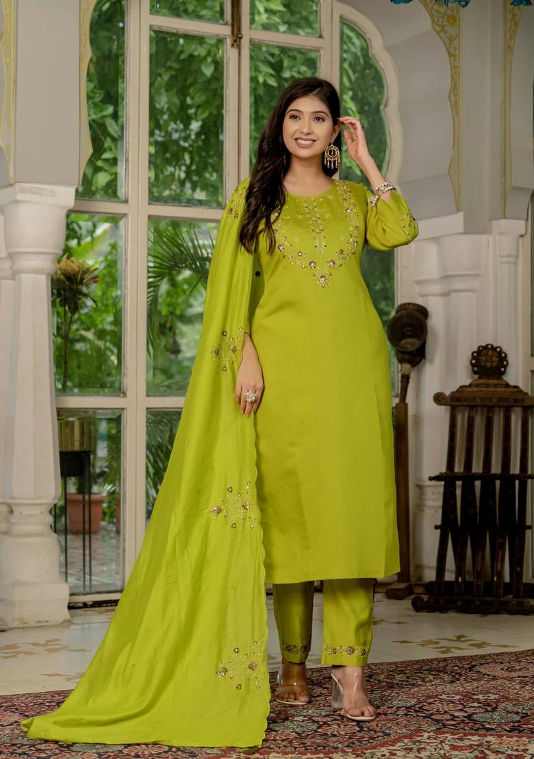 Parrot Green Embroidered Silk Kurta Set - Indya