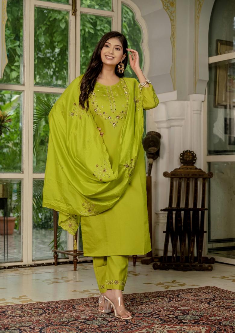 Parrot Green Embroidered Silk Kurta Set - Indya