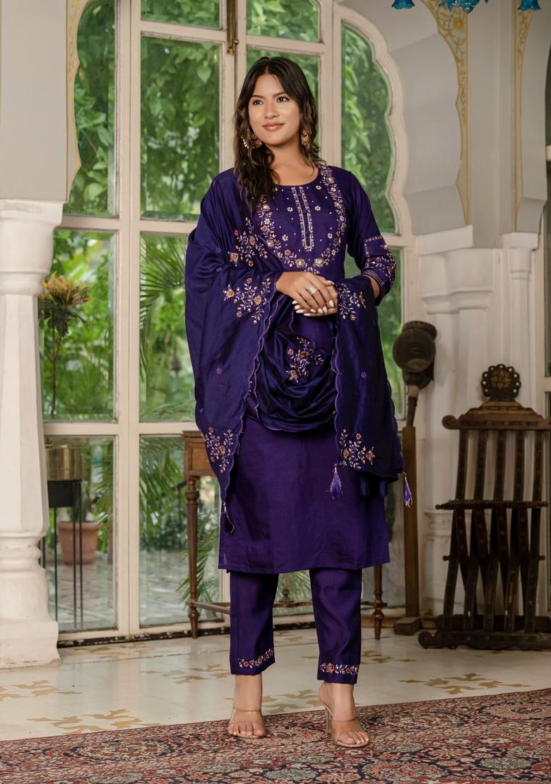 Violet Embroidered Silk Kurta Set - Indya