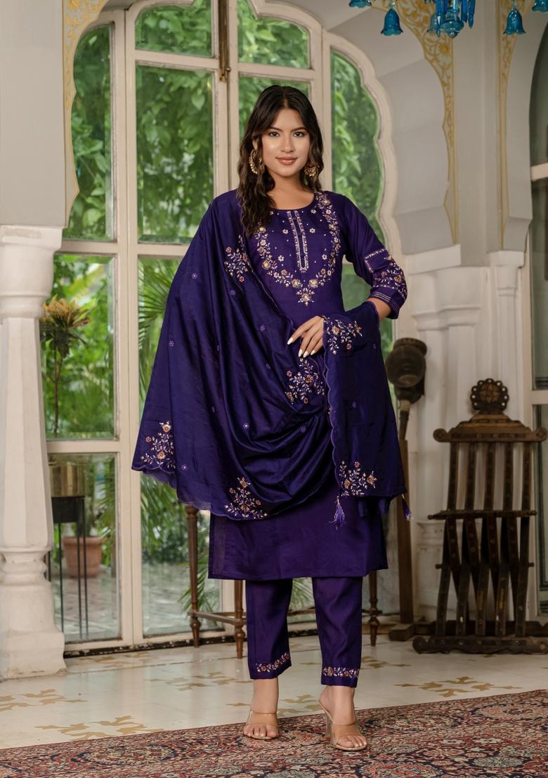 Violet Embroidered Silk Kurta Set - Indya