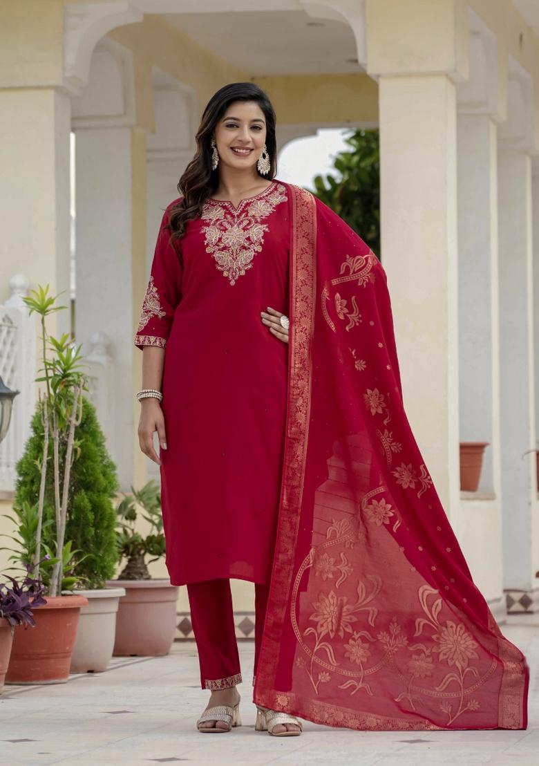 Maroon Sequin Work Silk Kurta Set - Indya