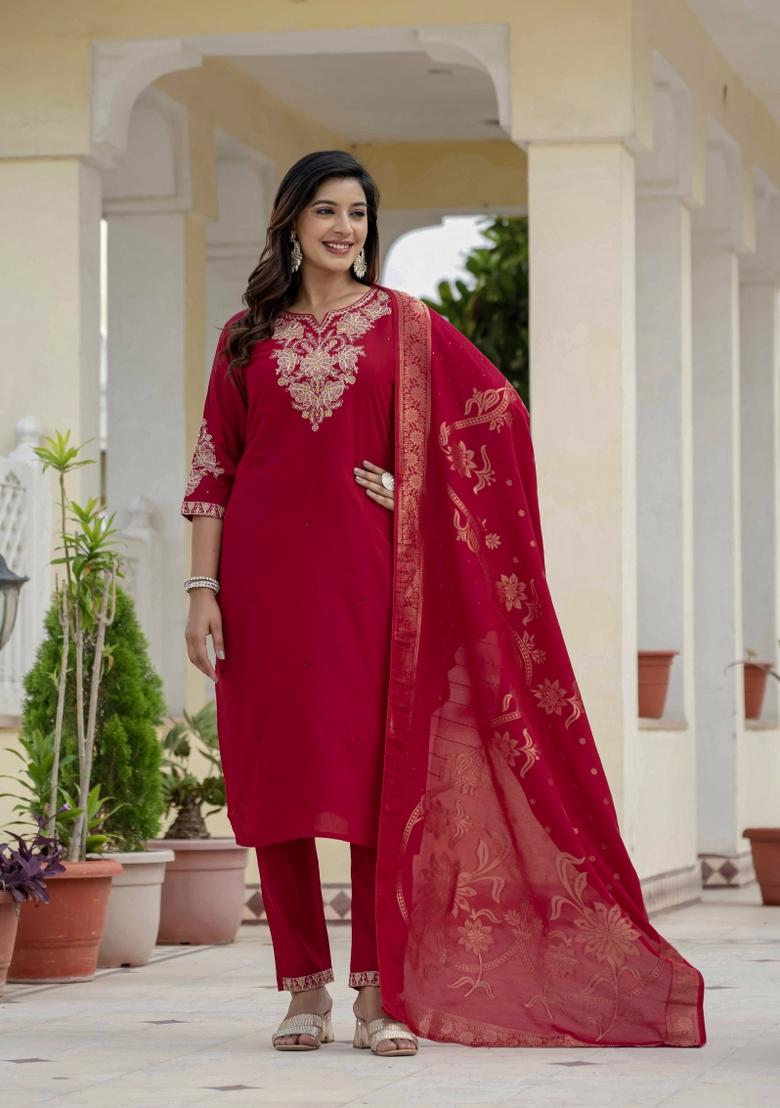 Maroon Sequin Work Silk Kurta Set - Indya