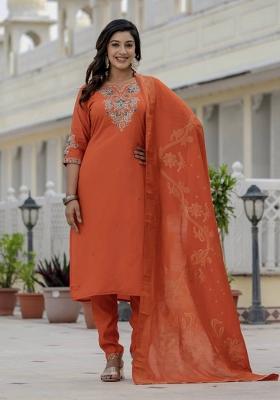 Orange Sequin Work Silk Kurta Set