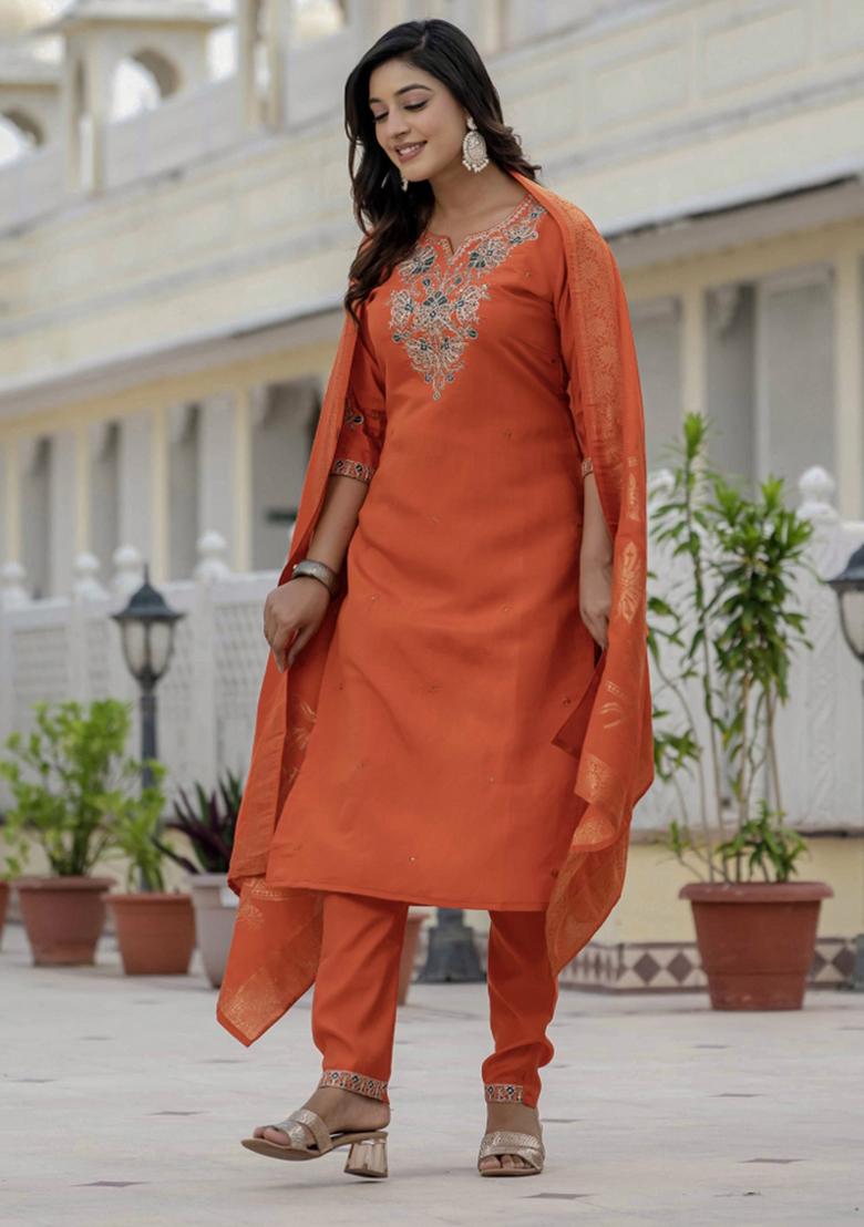Orange Sequin Work Silk Kurta Set - Indya
