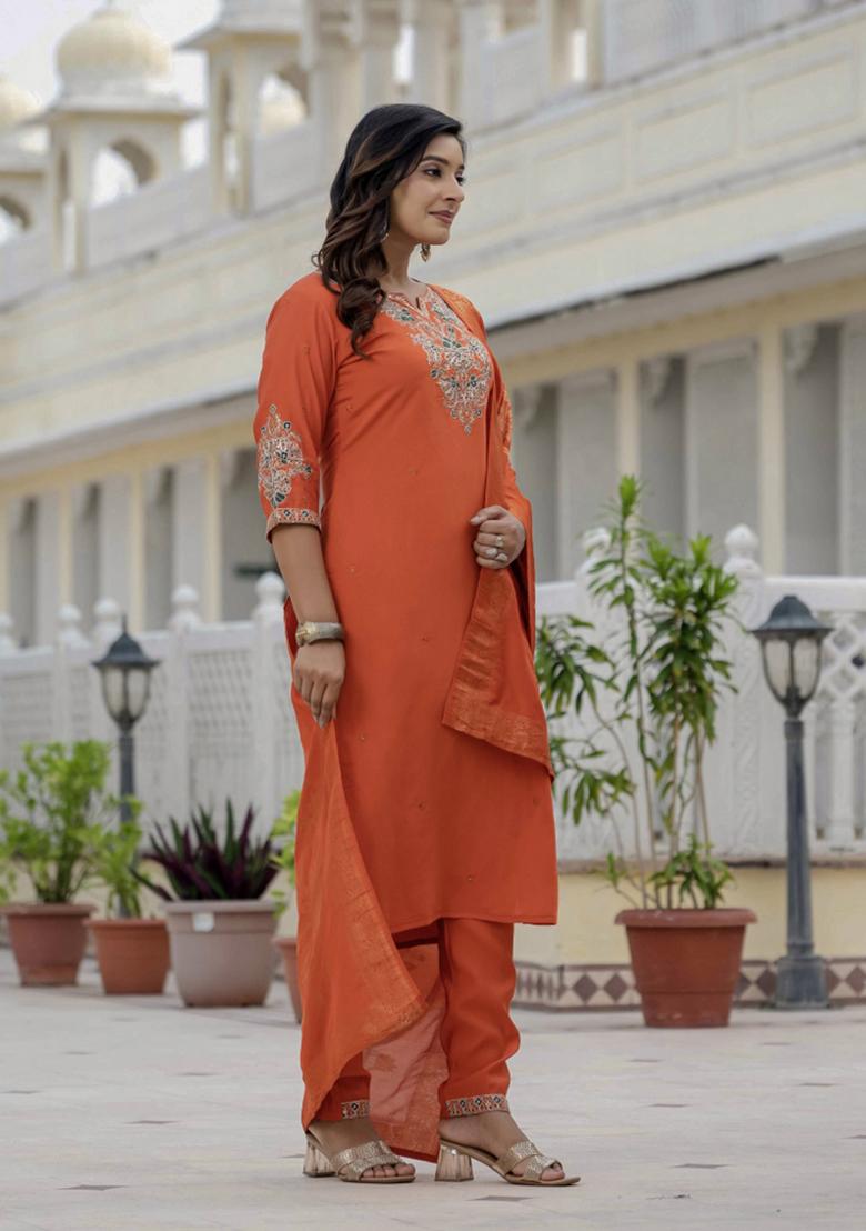 Orange Sequin Work Silk Kurta Set - Indya