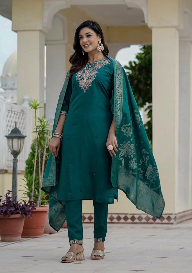 Rama Green Sequin Work Silk Kurta Set - Indya