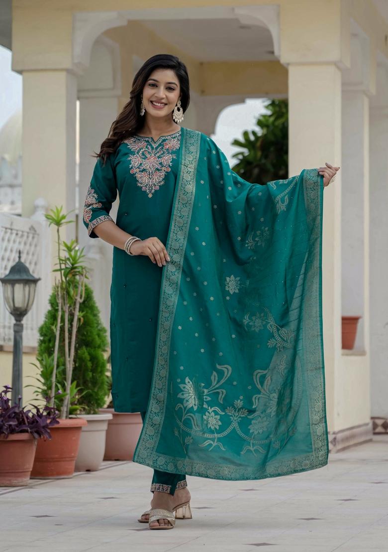 Rama Green Sequin Work Silk Kurta Set - Indya