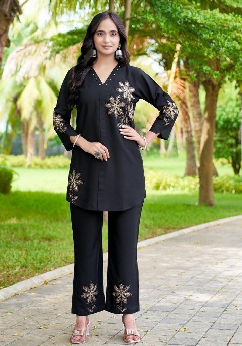 Black Embroidered Rayon Co Ords Set