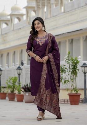 Wine Sequin Work Silk Kurta Set