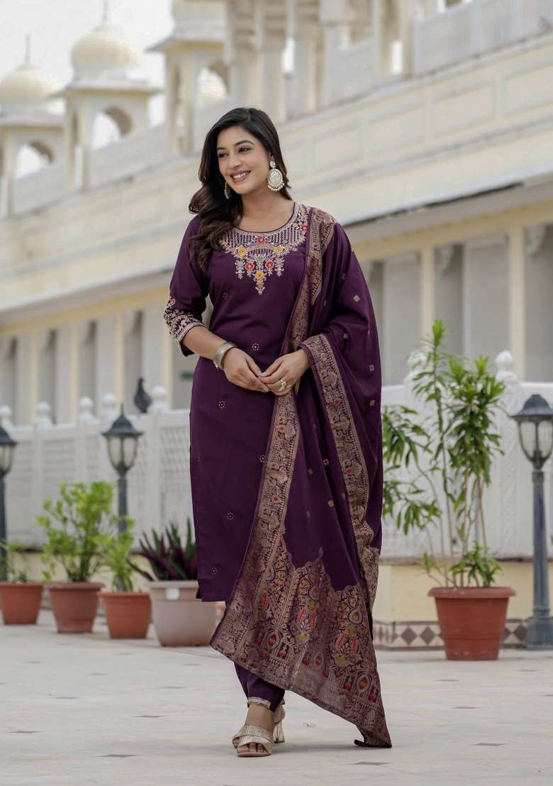 Wine Sequin Work Silk Kurta Set - Indya